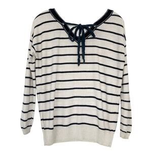 NWOT ELLE Sweater S Stripe White Navy Glittery V Neck Bow Tie Front Long Sleeve